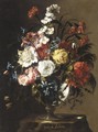 Still Life Of Roses, Carnations, Anemonies, Syringa, Peonies And Hyacinths In A Glass Vase, Upon A Stone Plinth - Juan De Arellano