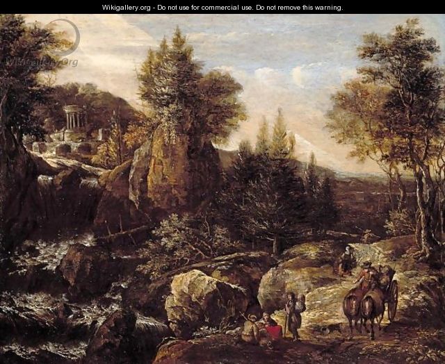 A Rocky River Landscape With Travellers, A Classical Temple Beyond - Gerrit Van Battem