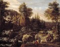 A Rocky River Landscape With Travellers, A Classical Temple Beyond - Gerrit Van Battem