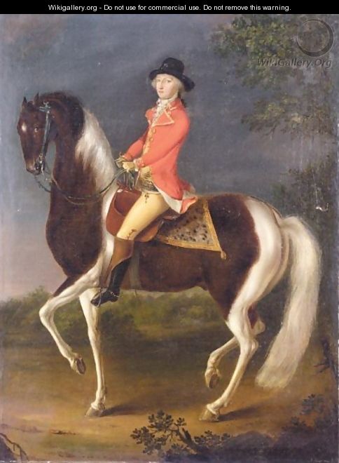 An Equestrian Portrait Of A Gentleman Wearing A Scarlet Coat Riding A Skewbald Hunter - (after) David Morier