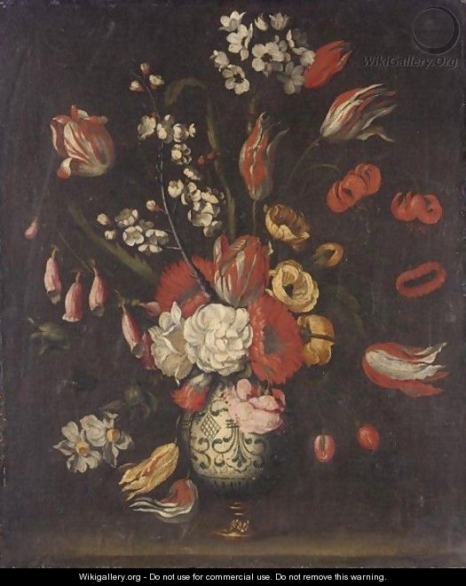 Still Life With Tulips, Roses And Various Other Flowers In A Porcelain Vase - Neapolitan School