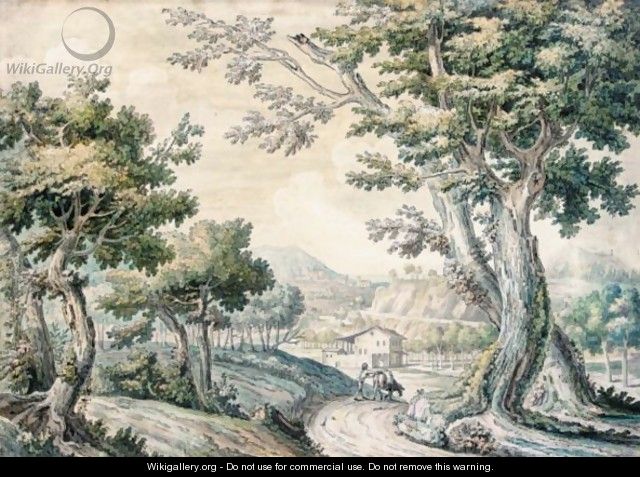 A Bosky Landscape With A Traveller And His Mule On A Road - (after) Jakob Philippe Hackert