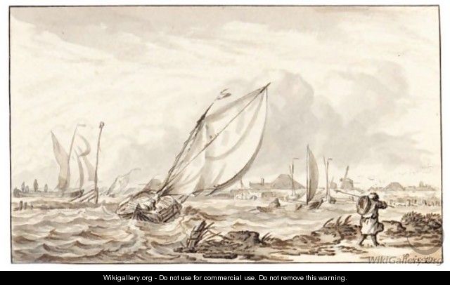 River Scene With Small Vessels In A Stiff Breeze - Pieter Jansz. Coopse