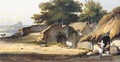Indian Figures By A Hut With Cattle And A Bridge Nearby - George Chinnery