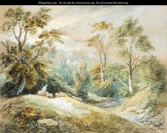 A Wooded Landscape With Herdsman And Cattle - Thomas Gainsborough