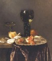 Still Life With A Roemer, A Pomegranate And Oysters All Resting On A Partially Draped Table - Abraham Hendrickz Van Beyeren
