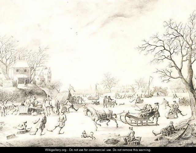 A Winter Landscape With Skaters, Kolf Players And Elegant Townsfolk On A Frozen River - Adriaen Cornelisz. Van Salm