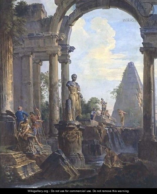 An Architectural Capriccio With The Pyramid Of Caius Cestius And A Classical Statue Of Meleager, Soldiers And Other Figures Conversing - Giovanni Paolo Panini