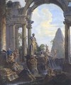 An Architectural Capriccio With The Pyramid Of Caius Cestius And A Classical Statue Of Meleager, Soldiers And Other Figures Conversing - Giovanni Paolo Panini
