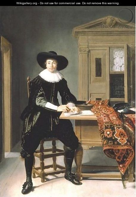 Portrait Of A Gentleman, Full Length, Seated At A Table - Thomas De Keyser