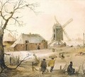 A Winter Landscape With Villagers On A Path By A Frozen River, A Windmill Beyond - Hendrick Avercamp