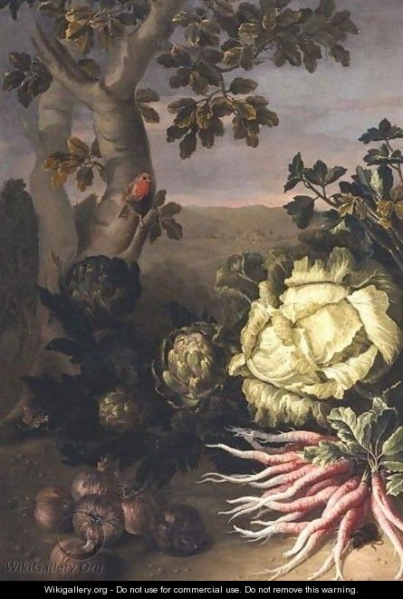 Still Life With A Cabbage, Artichokes, Radishes And Onions In A Landscape With A Mouse, A Bird, And A Moth - French School