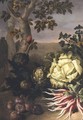 Still Life With A Cabbage, Artichokes, Radishes And Onions In A Landscape With A Mouse, A Bird, And A Moth - French School