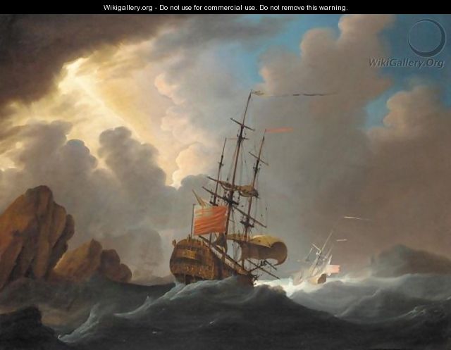 An English Man-Of-War In Three Positions Negotiating A Channel In Heavy Seas - (after) Cornelis Van De Velde