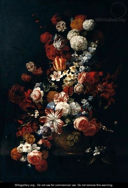 Still Life Of Tulips, Roses, Narcissi, Chrysanthemums, Carnations, Orange Blossom And Irises In A Gilt Urn, Placed Upon A Table-Top - Hieronymus Galle I