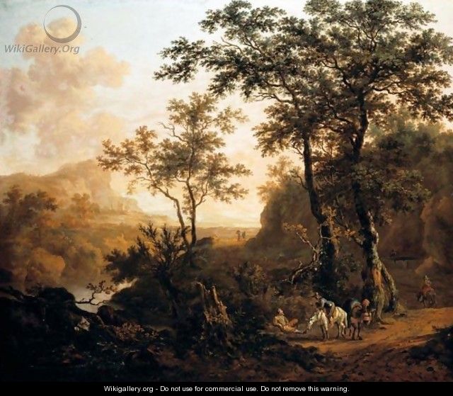 An Extensive Wooded River Landscape With Travellers On A Rocky Road, Ruins And Mountains Beyond - Dirck Dalens II