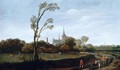 An Open Landscape With Wagoners On A Road, A Church Spire In A Village Beyond - Esaias Van De Velde