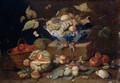 Still Life Of Apples And Grapes In A Blue-And-White Porcelain Bowl Together With Pomegranates, Figs, A Watermelon, A Basket Of Fraises-De-Bois, Peaches, Plums, A Guinea-Pig And A Hedgehog - (after) Jan Van Kessel