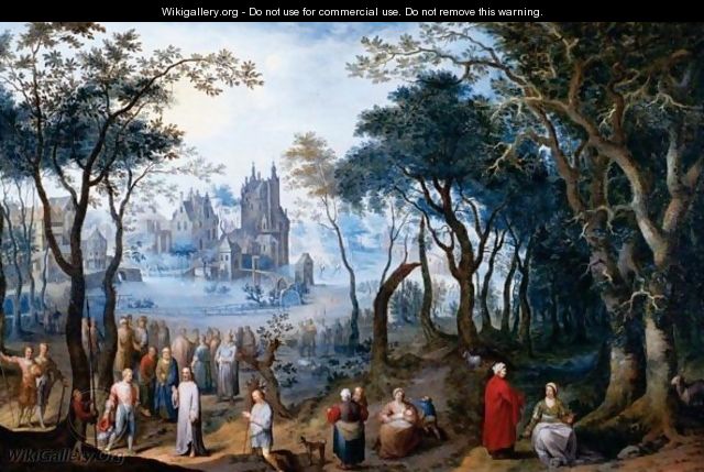 A Wooded Landscape With Christ And The Centurion, A Village Beyond - Balthasar Beschey