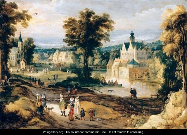 A Landscape With A Castle On A River And Figures Going About Their Daily Activities - (after) Joos De Momper