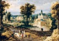 A Landscape With A Castle On A River And Figures Going About Their Daily Activities - (after) Joos De Momper