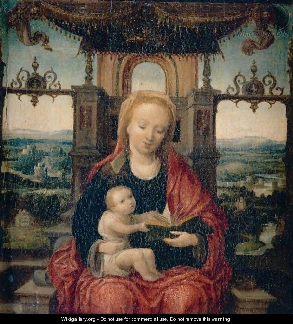 The Virgin And Child Enthroned With An Extensive River Landscape Beyond - (after) Adriaen Isenbrant