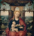 The Virgin And Child Enthroned With An Extensive River Landscape Beyond - (after) Adriaen Isenbrant