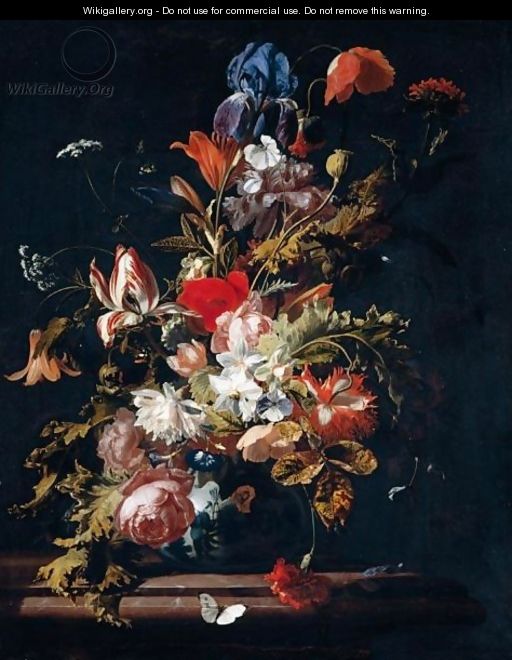 A Still Life Of Blooms Of Lily, Rose, Poppy, Peony, Iris, Narcissus, Carnation, Convolvulus And Other Flowers, With Sprays Of Cow Parsley, In A Chinese Porcelain Vase On A Marble Ledge - Simon Pietersz. Verelst