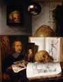 Still Life Of Books, Prints, Paintings, A Skull, Shell And A Globe Upon A Table Draped With A Green Cloth, A Sphere And A Painting Hanging Above - Simon Luttichuys