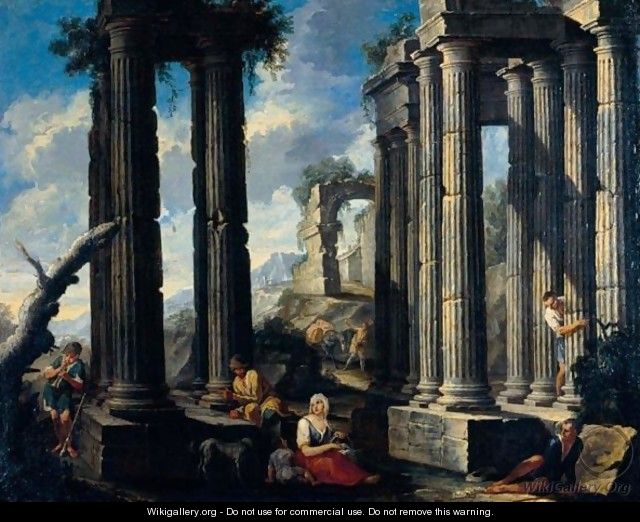 Landscape With Drovers And Other Figures Amidst Classical Ruins - Neapolitan School