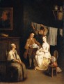 An Interior With A Boy-Servant Bringing A Young Lady A Bonnet, An Elderly Lady Seated Nearby And A Maid Hanging Laundry Beyond (