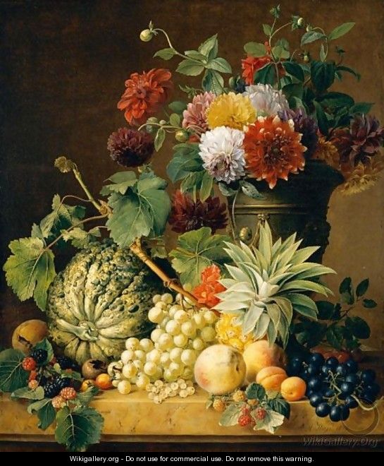 A Bouquet Of Flowers In An Urn And A Melon, A Pineapple, Grapes, Apricots, Peaches And Other Fruit, All Resting On A Marble Ledge - Anton Weiss