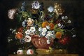 Still Life Of Roses, Variegated Tulips, Convolvuli, Peonies And Other Flowers In An Elaborate Terracotta Bowl, Resting On A Stone Socle - Pieter Casteels III