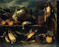 Still Life Of A Partridge, Woodcock, Woodpeckers, A Pigeon, Finches And Other Birds On A Stone Ledge With Apples - (after) Tommaso Salini (Mao)