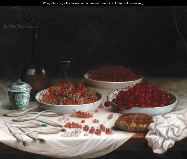 Still Life With Redcurrants, Cherries And Strawberries In Porcelain Bowls, Together With A Bread Roll, A Bottle Of Wine And A Porcelain Pot Together On A White Table Cloth On A Wooden Table - French School
