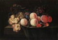 Still Life With Peaches, Cherries And Plums On A Pewter Plate Together With Bunches Of Grapes On A Stone Ledge Draped With A Green Cloth - (after) Cornelis De Heem