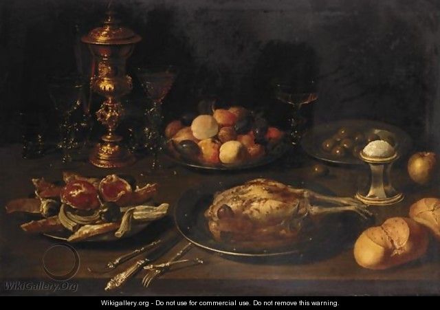 Still Life With Shells, Fruit, Olives, And A Roast Bird On Pewter Plates, Together With Glasses, A Bronze-Covered Cup, A Salt-Seller And Buns On A Wooden Table - (after) Osias, The Elder Beert