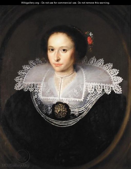 Portrait Of A Young Lady, Half Length, Wearing Black With An Elaborate White Ruff - (after) Paulus Moreelse