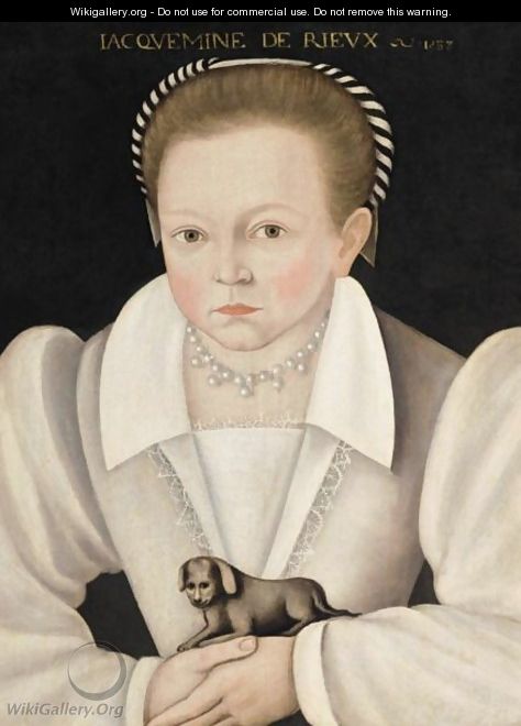 Portrait Of A Young Girl Said To Be Jaqueline De Rieux, Half Length, Wearing A White Dress And Holding A Dog - French School