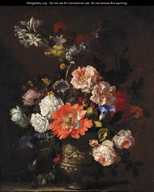 A Still Life Of Summer Flowers Including Roses, Poppies, Peonies And Convolvulus All In A Sculpted Vase - (after) Jean-Baptiste Monnoyer