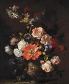 A Still Life Of Summer Flowers Including Roses, Poppies, Peonies And Convolvulus All In A Sculpted Vase - (after) Jean-Baptiste Monnoyer