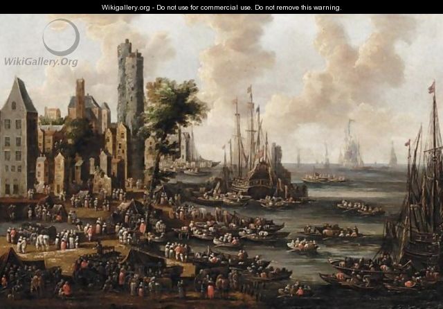 A Harbour Scene With Figures Unloading Their Wares From Boats - Pieter Casteels