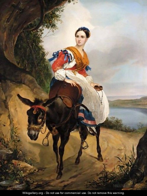 Portrait Of Olga Ferzen On A Donkey - (after) Karl Pavlovich Brulov