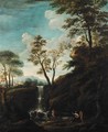 Italianate Landscape With Figures Bathing Beside A Waterfall - Roman School