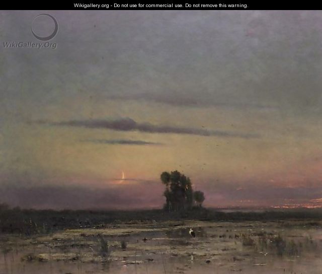 Moonlit Landscape With Stork - Bela Spanyi