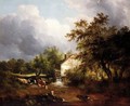 A Fisherman On The Riverbank, A Water Mill And Cattle Beyond - Edward Charles Williams