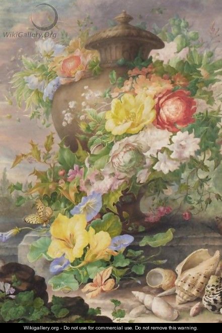 An Urn, Garlanded With Flowers, On A Terrace, With Shells In The Foreground - Herman Henstenburgh