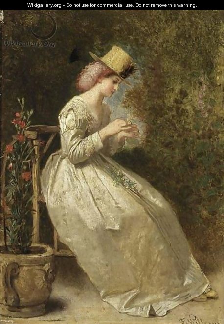 A Seated Lady In A Flower Garden, Wearing A White Satin Dress - Florent Willems
