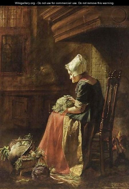 A Woman Seated With A Cabbage In A Chair By The Fire Place, A Vegetable Still Life At Her Feet - Hendrik Valkenburg