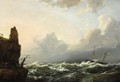 People Gathered On The Coast Watching A Boat In Stormy Weather - Casparus Johannes Morel